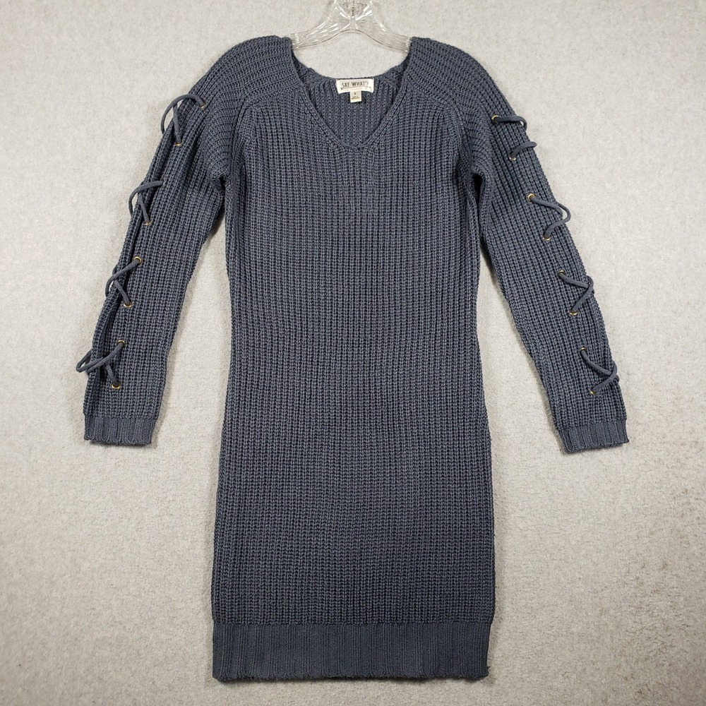 SAY WHAT? Womens Dress Sweater Lace‎ Up Sleeve S Charcoal Grey Knit Mini